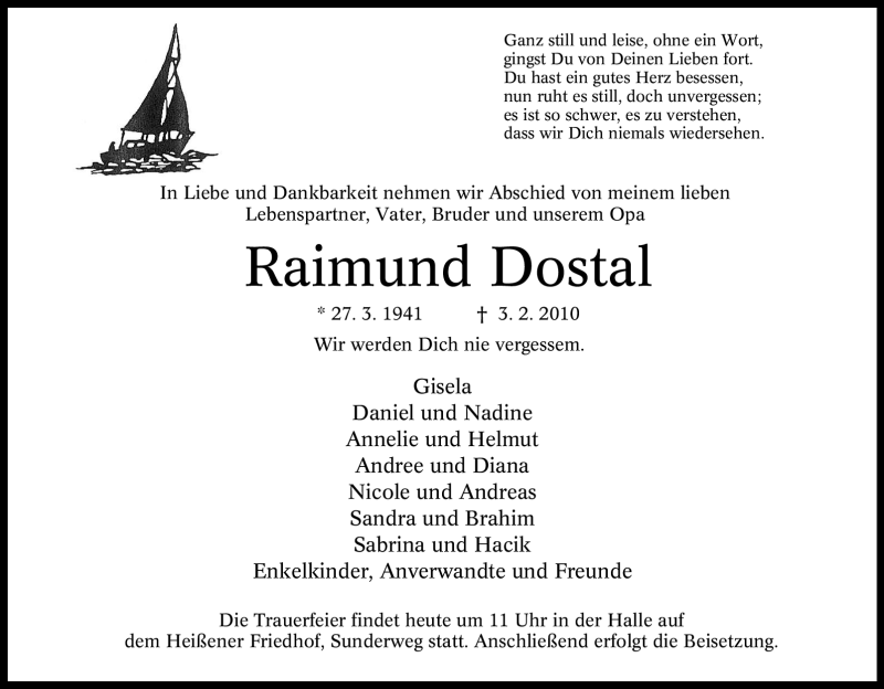  Traueranzeige für Raimund Dostal vom 09.02.2010 aus Tageszeitung