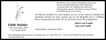 Traueranzeige von Edith Stiebler von Tageszeitung