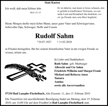 Traueranzeige von Rudolf Sahm von Tageszeitung