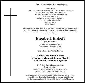 Traueranzeige von Elisabeth Elshoff von Tageszeitung