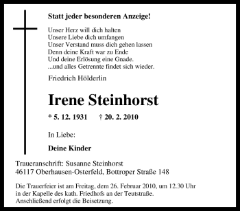 Traueranzeige von Irene Steinhorst von Tageszeitung