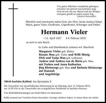 Traueranzeige von Hermann Vieler von Tageszeitung