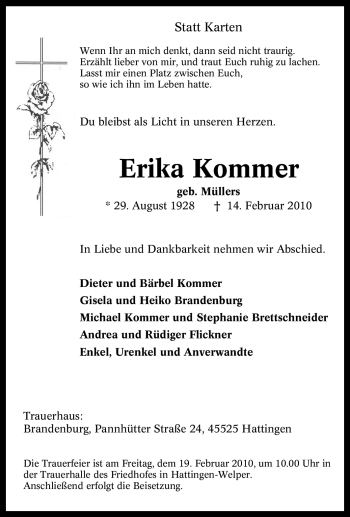 Traueranzeige von Erika Kommer von Tageszeitung