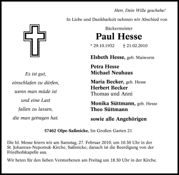 Traueranzeige von Paul Hesse von Tageszeitung
