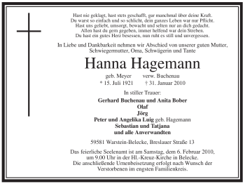 Traueranzeige von Hanna Hagemann von Tageszeitung