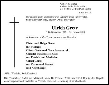 Traueranzeige von Ulrich Grete von Tageszeitung