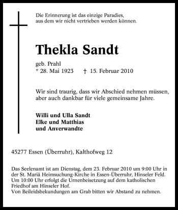 Traueranzeige von Thekla Sandt von Tageszeitung