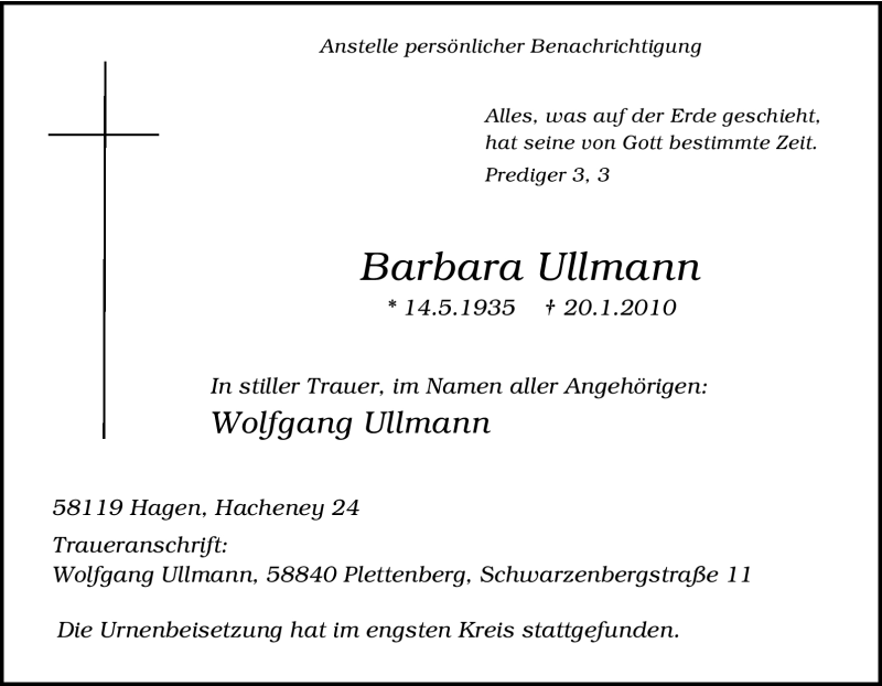  Traueranzeige für Barbara Ullmann vom 22.02.2010 aus Tageszeitung