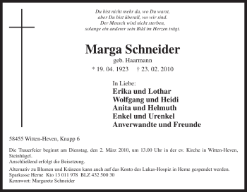Traueranzeige von Marga Schneider von Tageszeitung