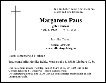 Traueranzeige von Margarete Paus von Tageszeitung