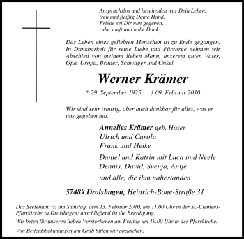Traueranzeige von Werner Krämer von Tageszeitung