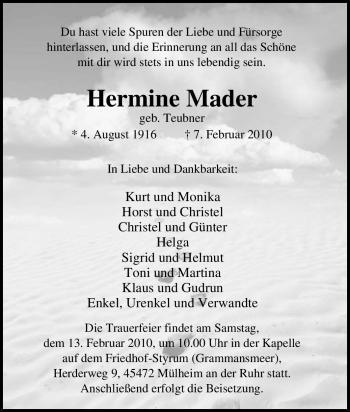 Traueranzeige von Hermine Mader von Tageszeitung