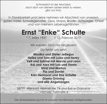 Traueranzeige von Ernst Schulte von Tageszeitung