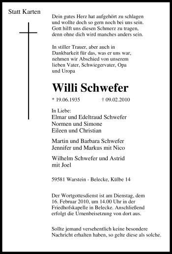 Traueranzeige von Willi Schwefer von Tageszeitung