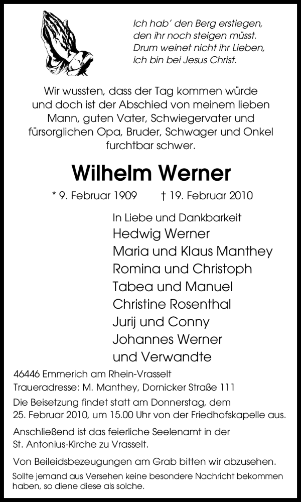  Traueranzeige für Wilhelm Werner vom 22.02.2010 aus Tageszeitung