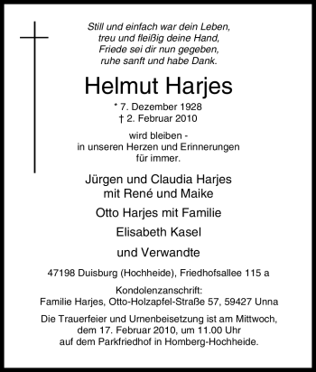 Traueranzeige von Helmut Harjes von Tageszeitung