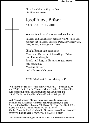 Traueranzeige von Josef Aloys Brüser von Tageszeitung