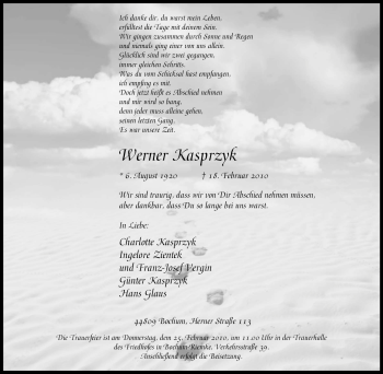 Traueranzeige von Werner Kasprzyk von Tageszeitung