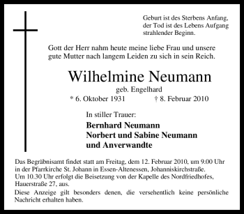 Traueranzeige von Wilhelmine Neumann von Tageszeitung