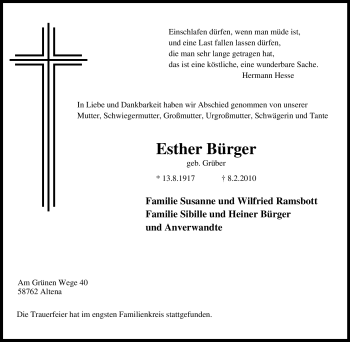 Traueranzeige von Esther Bürger von Tageszeitung