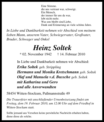 Traueranzeige von Heinz Soltek von Tageszeitung