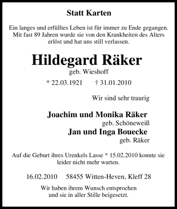 Traueranzeige von Hildegard Räker von Tageszeitung