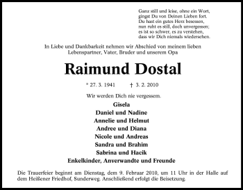 Traueranzeige von Raimund Dostal von Tageszeitung