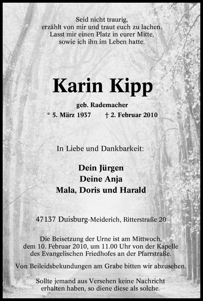 Traueranzeige für Karin Kipp vom 08.02.2010 aus Tageszeitung