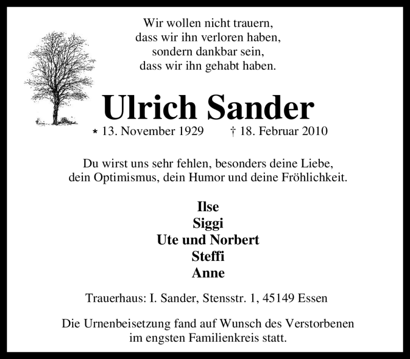  Traueranzeige für Ulrich Sander vom 27.02.2010 aus Tageszeitung