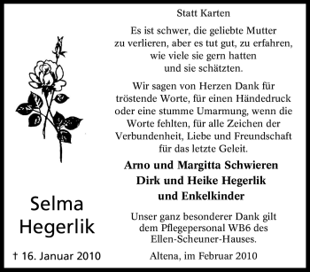 Traueranzeige von Selma Hegerlik von Tageszeitung