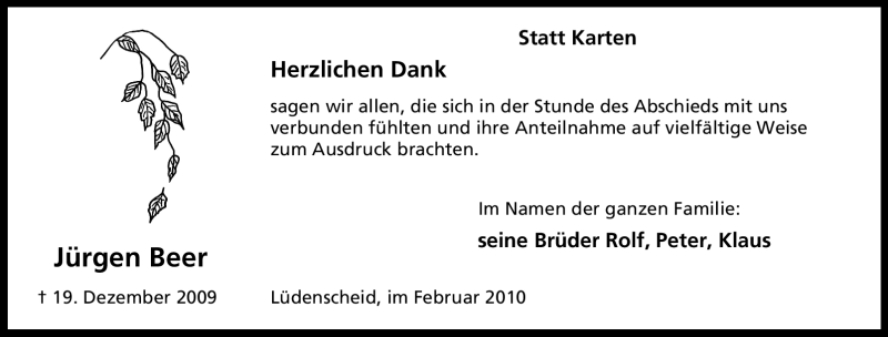  Traueranzeige für Jürgen Beer vom 24.02.2010 aus Tageszeitung