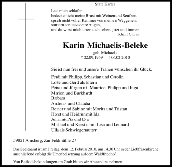 Traueranzeige von Karin Michaelis-Beleke von Tageszeitung