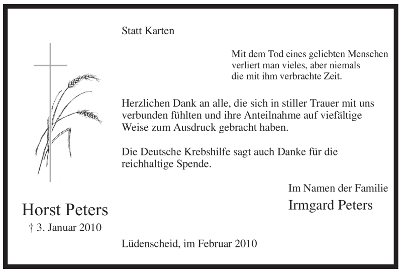  Traueranzeige für Horst Peters vom 17.02.2010 aus Tageszeitung