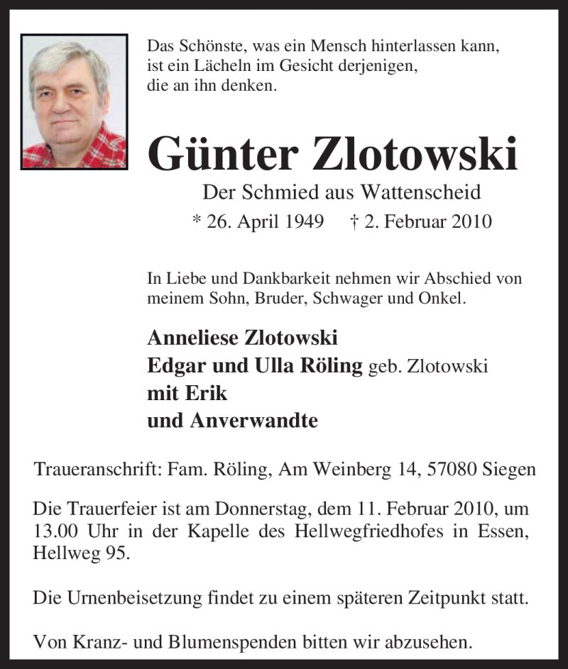  Traueranzeige für Günter Zlotowski vom 06.02.2010 aus Tageszeitung