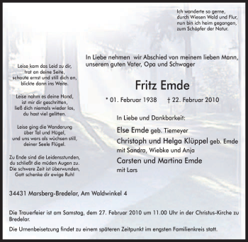 Traueranzeige von Fritz Emde von Tageszeitung