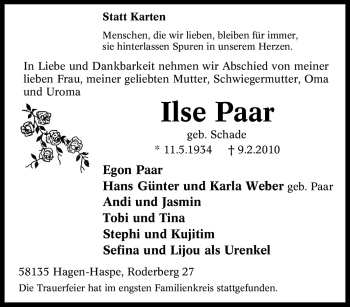 Traueranzeige von Ilse Paar von Tageszeitung