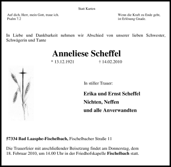 Traueranzeige von Anneliese Scheffel von Tageszeitung
