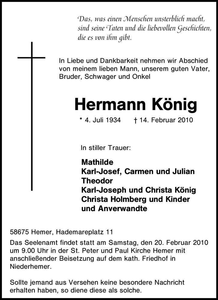  Traueranzeige für Hermann König vom 16.02.2010 aus Tageszeitung