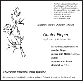 Traueranzeige von Günter Pieper von Tageszeitung