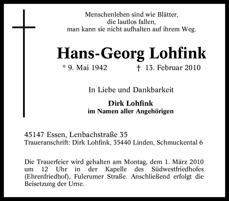  Traueranzeige für Hans-Georg Lohfink vom 22.02.2010 aus Tageszeitung