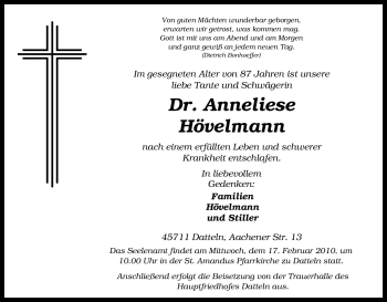 Traueranzeige von Anneliese Hövelmann von Tageszeitung