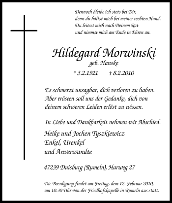 Traueranzeige von Hildegard Morwinski von Tageszeitung