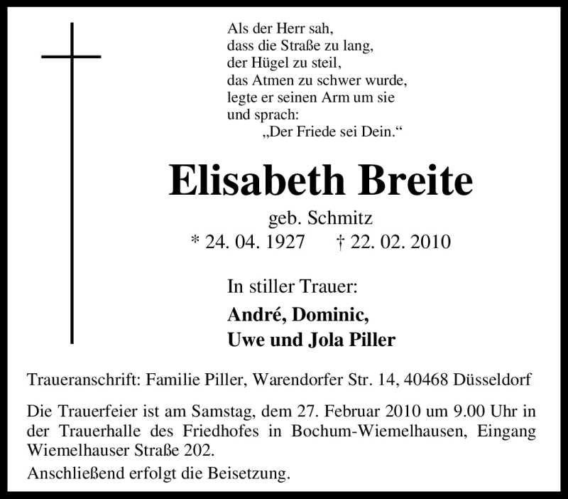  Traueranzeige für Elisabeth Breite vom 24.02.2010 aus Tageszeitung