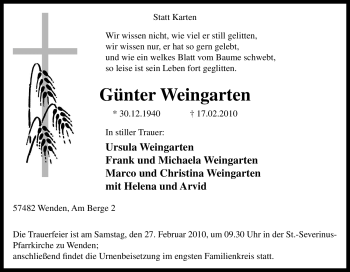 Traueranzeige von Günter Weingarten von Tageszeitung