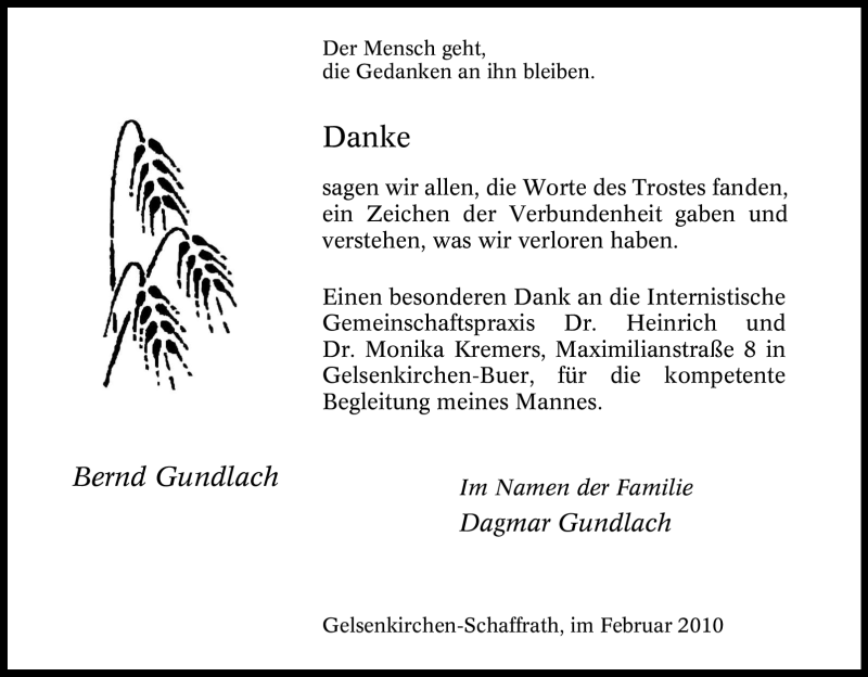  Traueranzeige für Bernd Gundlach vom 13.02.2010 aus Tageszeitung