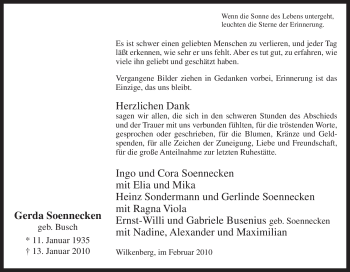Traueranzeige von Gerda Soennecken von Tageszeitung