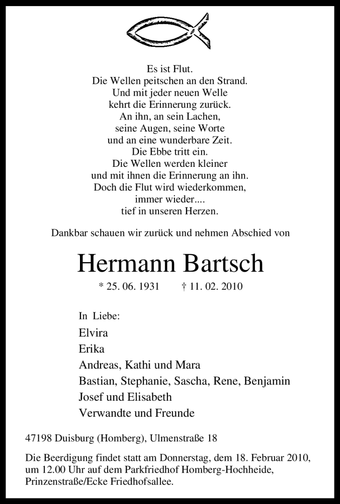  Traueranzeige für Hermann Bartsch vom 16.02.2010 aus Tageszeitung