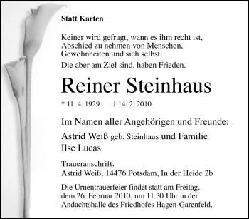 Traueranzeige von Reiner Steinhaus von Tageszeitung