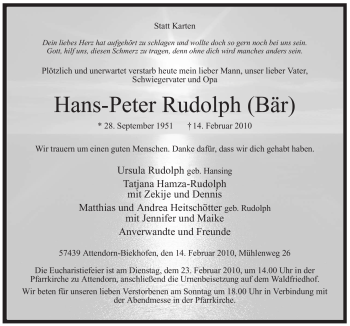 Traueranzeige von Hans-Peter Rudolph von Tageszeitung