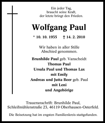 Traueranzeige von Wolfgang Paul von Tageszeitung